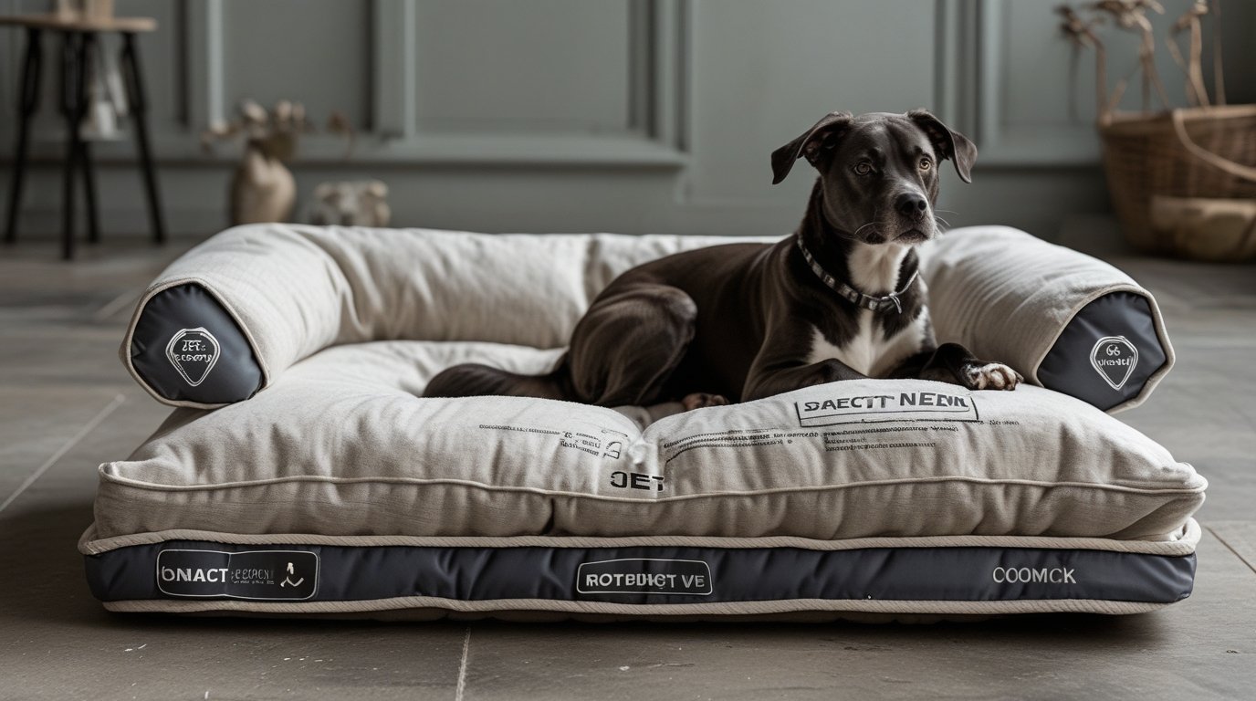 Senior hond rust comfortabel in een orthopedische hondenmand voor optimale ondersteuning.
