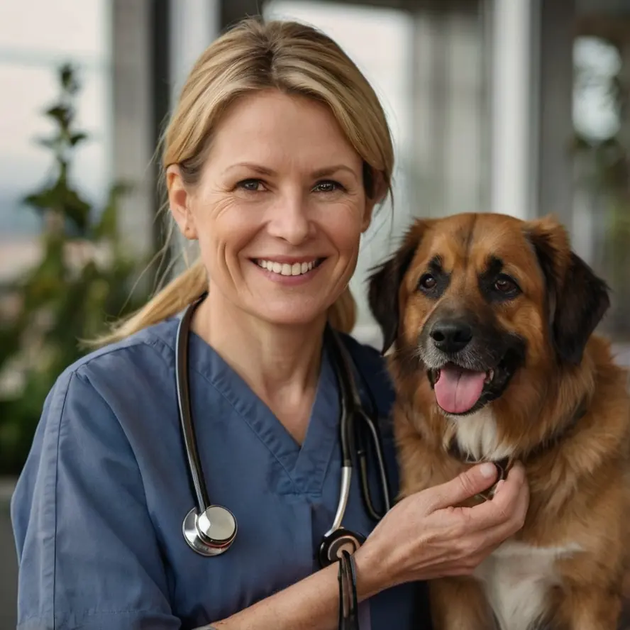 Dierenarts glimlacht terwijl ze een hond vasthoudt in een kliniek.