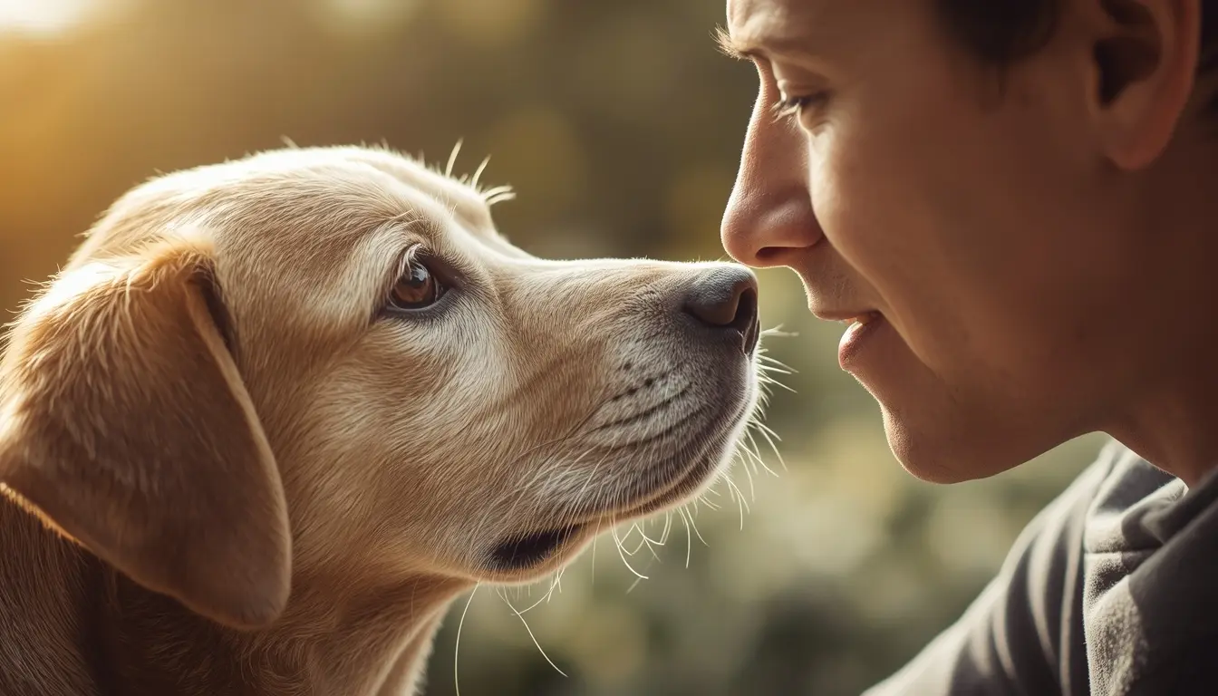 Hond en mens kijken elkaar liefdevol aan in zacht namiddaglicht.
