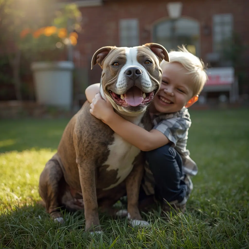 Kind omhelst vrolijke hond in zonovergoten tuin.