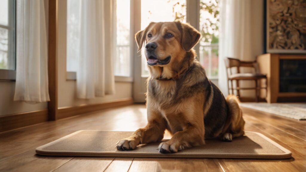 Senior hond zit rustig op een beige antislipmat in een warme woonkamer met houten vloer, symbool voor veiligheid en comfort.