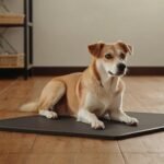Senior hond ligt ontspannen op een donkere antislipmat in een warme woonkamer met houten vloer, symbool voor veiligheid en comfort.