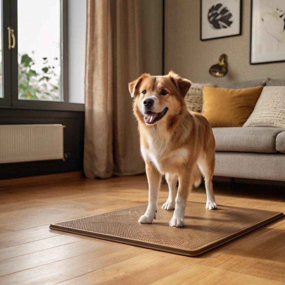 Senior hond staat op een beige antislip mat in een warme woonkamer, symbool voor veiligheid en comfort.