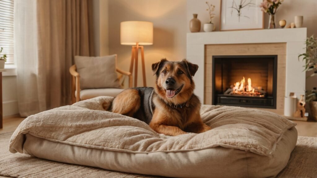 Senior hond rust comfortabel op zacht hondenbed in warme woonkamer met open haard