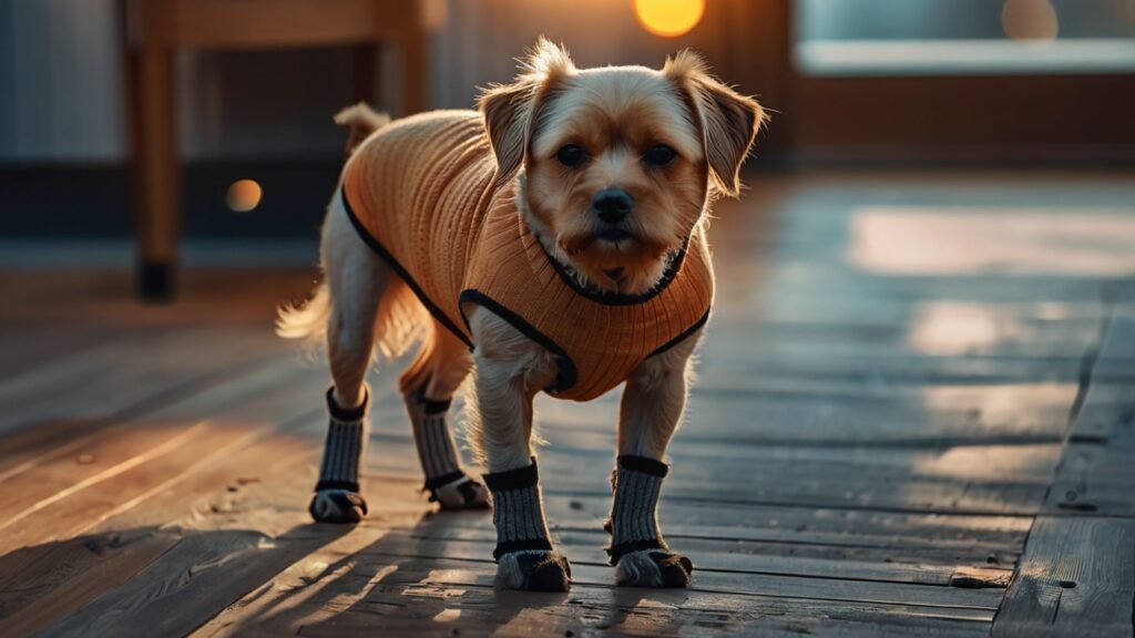 Kleine senior hond draagt warme trui en antislipsokken op houten vloer, symbool voor comfort en veiligheid binnenshuis.