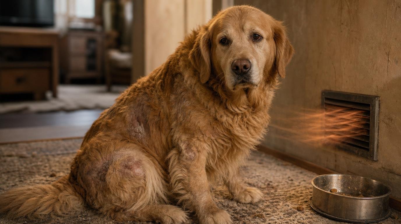 Senior golden retriever zit rustig binnen bij warme luchtstroom en voerbak.