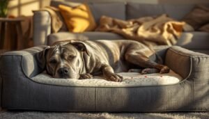 Senior hond rust comfortabel in zachte mand in warme woonkamer.