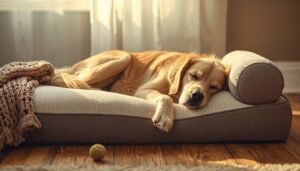 Senior hond ligt ontspannen op orthopedisch kussen in warme omgeving.