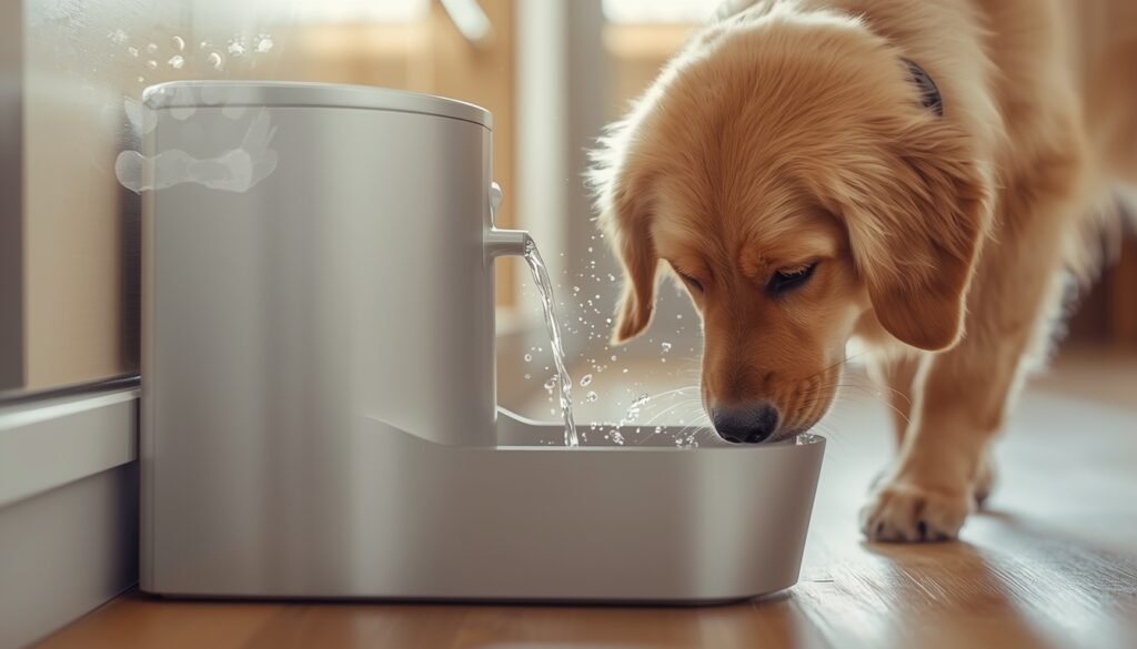 Senior hond onderzoekt moderne waterfontein met stromend water op houten vloer.
