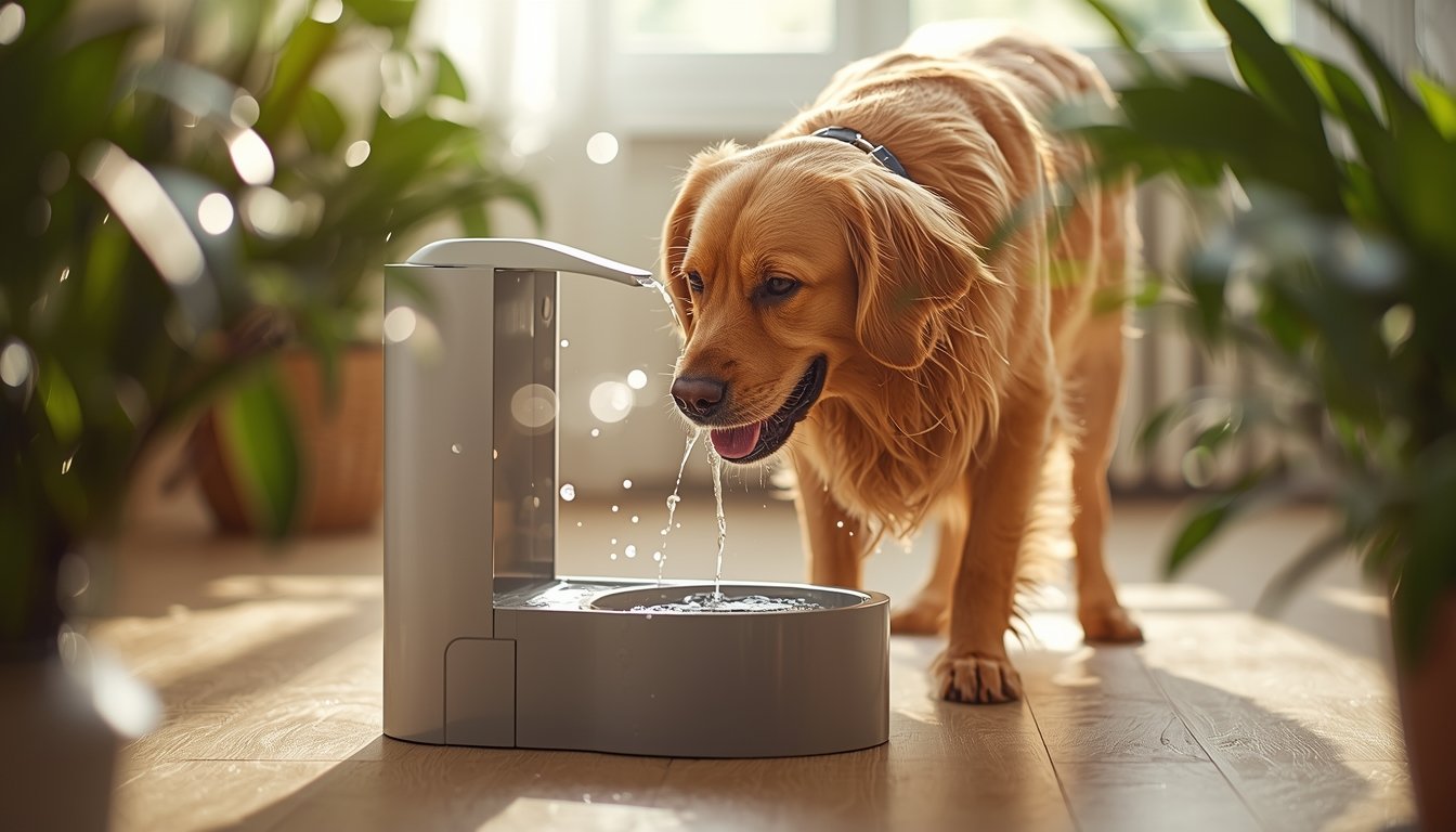 Senior hond drinkt vers water uit moderne drinkfontein in warme woonkamer.