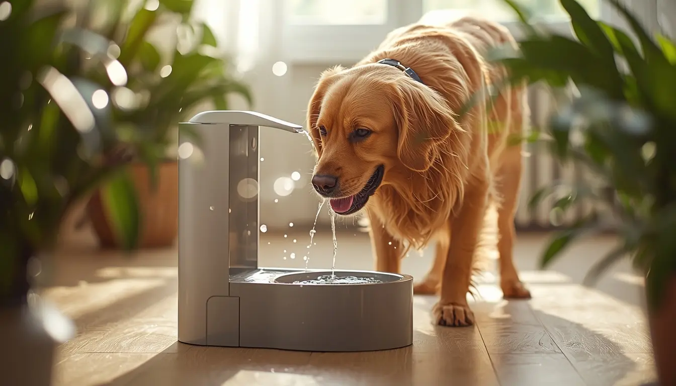 Senior hond drinkt vers water uit moderne drinkfontein in warme woonkamer.