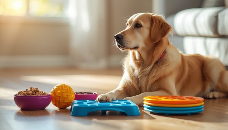Senior hond kijkt rustig naar speeltjes op de vloer, symbool voor verminderde speelzin.