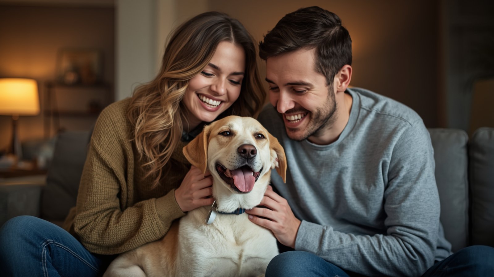 Gelukkig koppel lacht samen met hun senior hond — symbool voor liefde, zorg en verbondenheid.