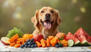 Blije senior hond zit achter een selectie verse groenten en fruit, waaronder wortel, pompoen en watermeloen.