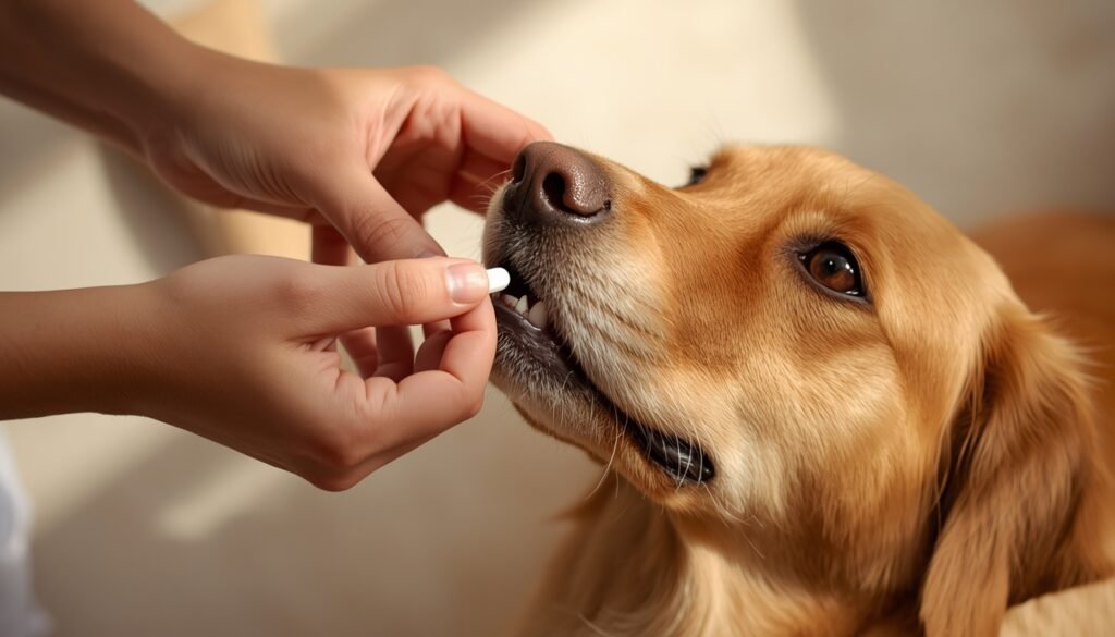 Senior hond krijgt supplement of medicatie op advies van dierenarts.