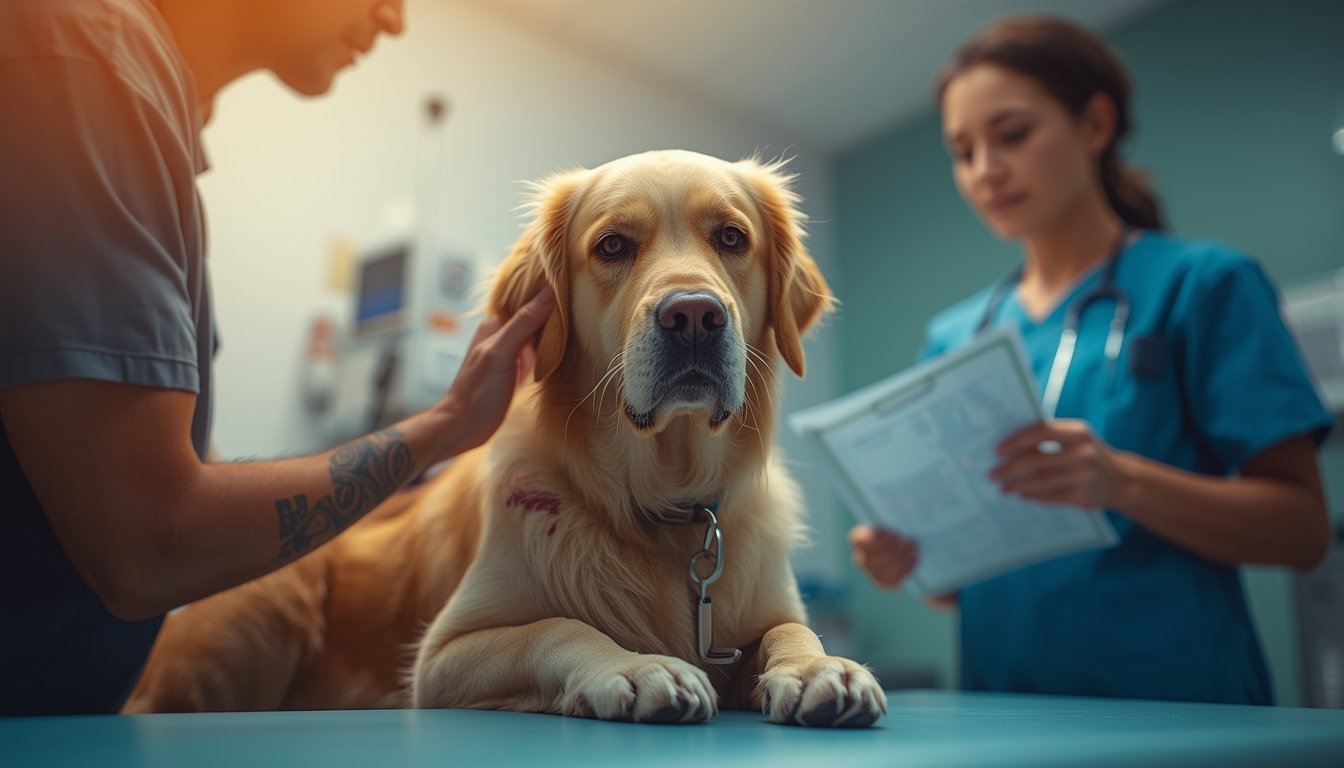 Senior hond zit op onderzoekstafel bij dierenarts, met hand op hoofd en medisch dossier op achtergrond.