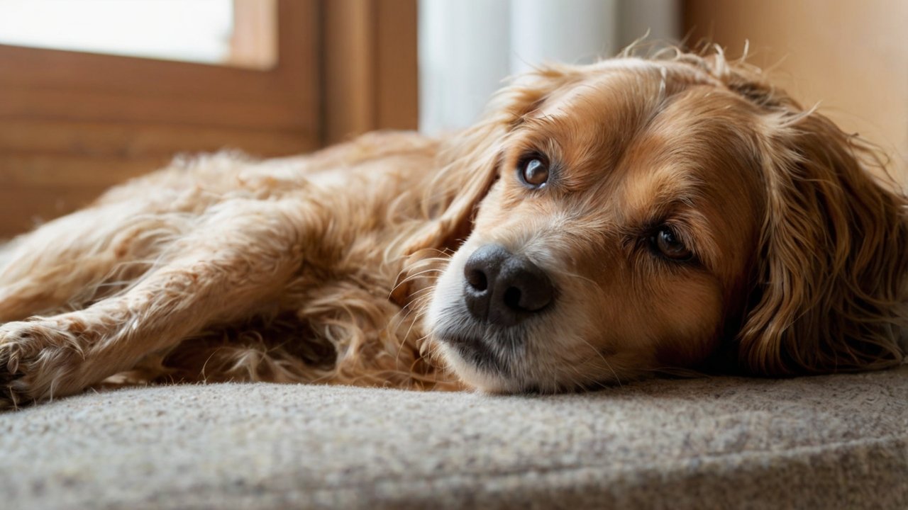 Golden Retriever ligt rustig op een zacht tapijt bij het raam, met een kalme blik en warme lichtinval.