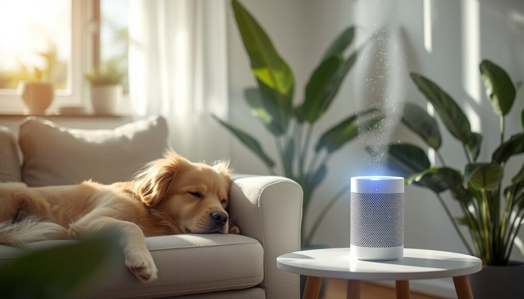 Golden Retriever ligt ontspannen op een lichte bank in een zonnige woonkamer, naast een moderne luchtbevochtiger die zacht mist verspreidt.