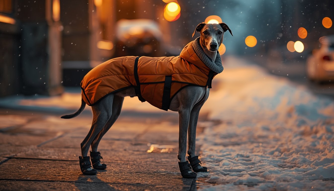 Senior greyhound met oranje winterjas en pootbescherming — symbool voor warmte, comfort en mobiliteit bij oudere honden.