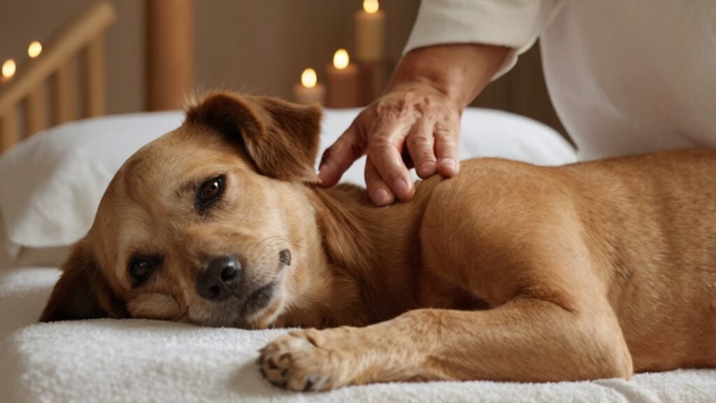 Senior hond ontvangt zachte massage van eigenaar in warme, rustgevende