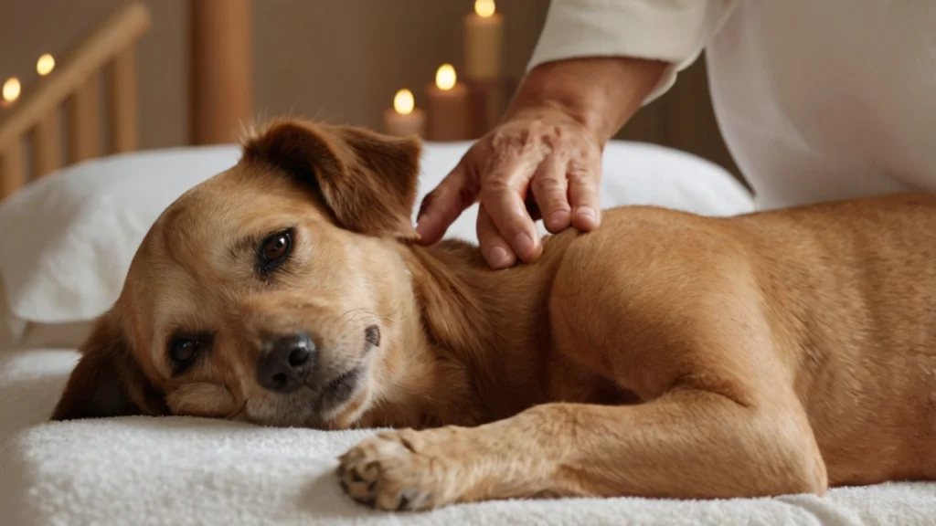 Senior hond ontvangt zachte massage van eigenaar in warme, rustgevende
