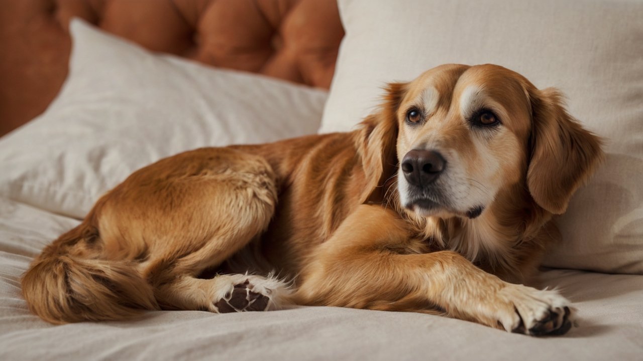 Senior hond ligt ontspannen op een licht bed in een warme kamer, symbool voor rust, zorg en geborgenheid. stijfheid bij senior honden.