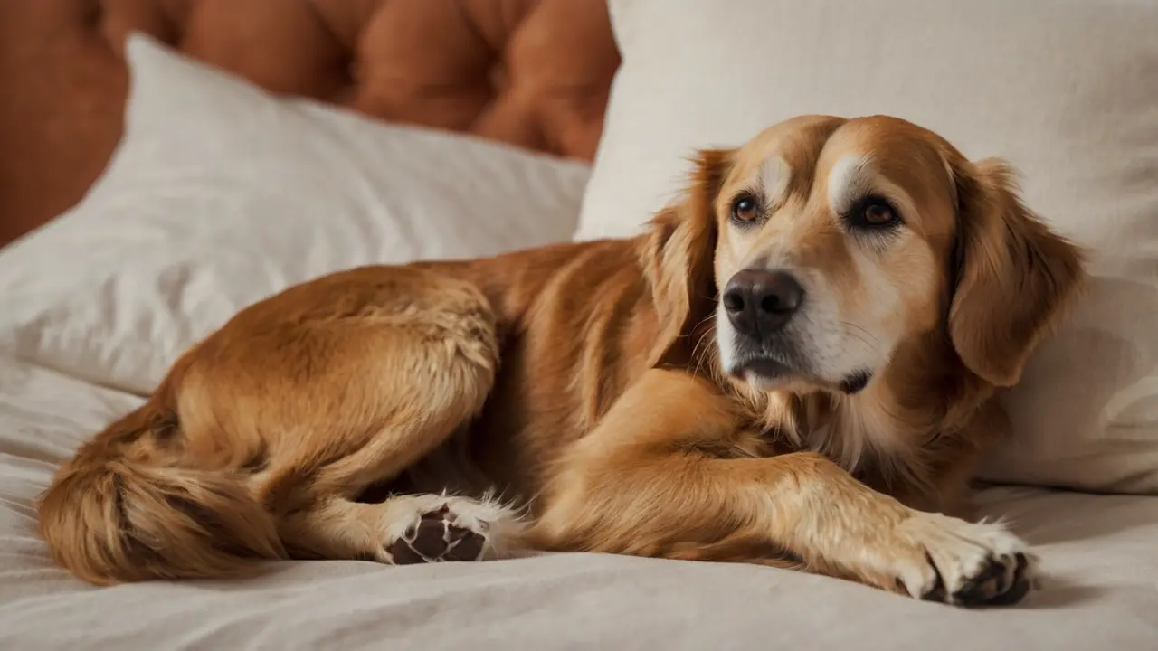 Senior hond ligt ontspannen op een licht bed in een warme kamer, symbool voor rust, zorg en geborgenheid. stijfheid bij senior honden.