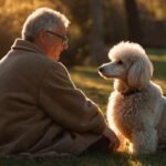 Oudere man zit op het gras in het zachte avondlicht en kijkt liefdevol naar zijn witte poedel, die rustig tegenover hem zit.