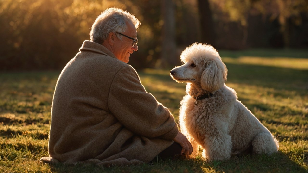 Oudere man zit op het gras in het zachte avondlicht en kijkt liefdevol naar zijn witte poedel, die rustig tegenover hem zit.