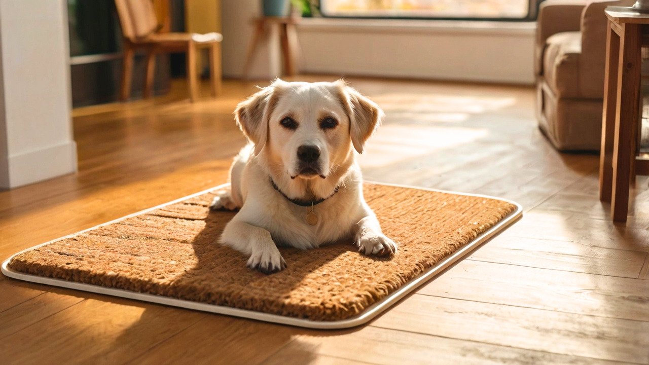 Lichtgekleurde senior hond ligt ontspannen op een beige antislipmat in een warme woonkamer met houten vloer en zacht daglicht.