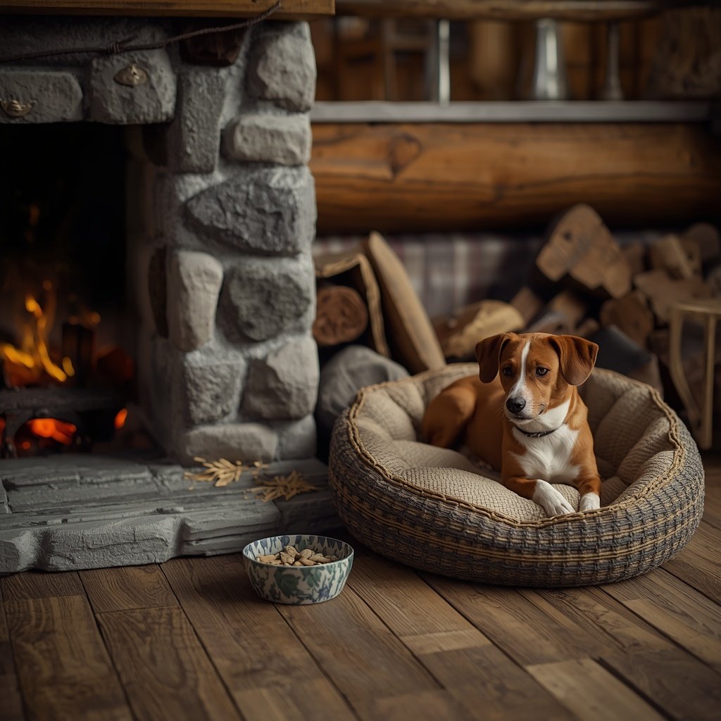 Senior hond rust in een mand bij een warme open haard — symbool voor comfort, rust en herstel.