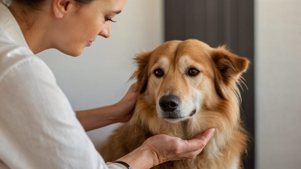 Dierenarts onderzoekt een senior hond met zorg en aandacht in een rustige omgeving.