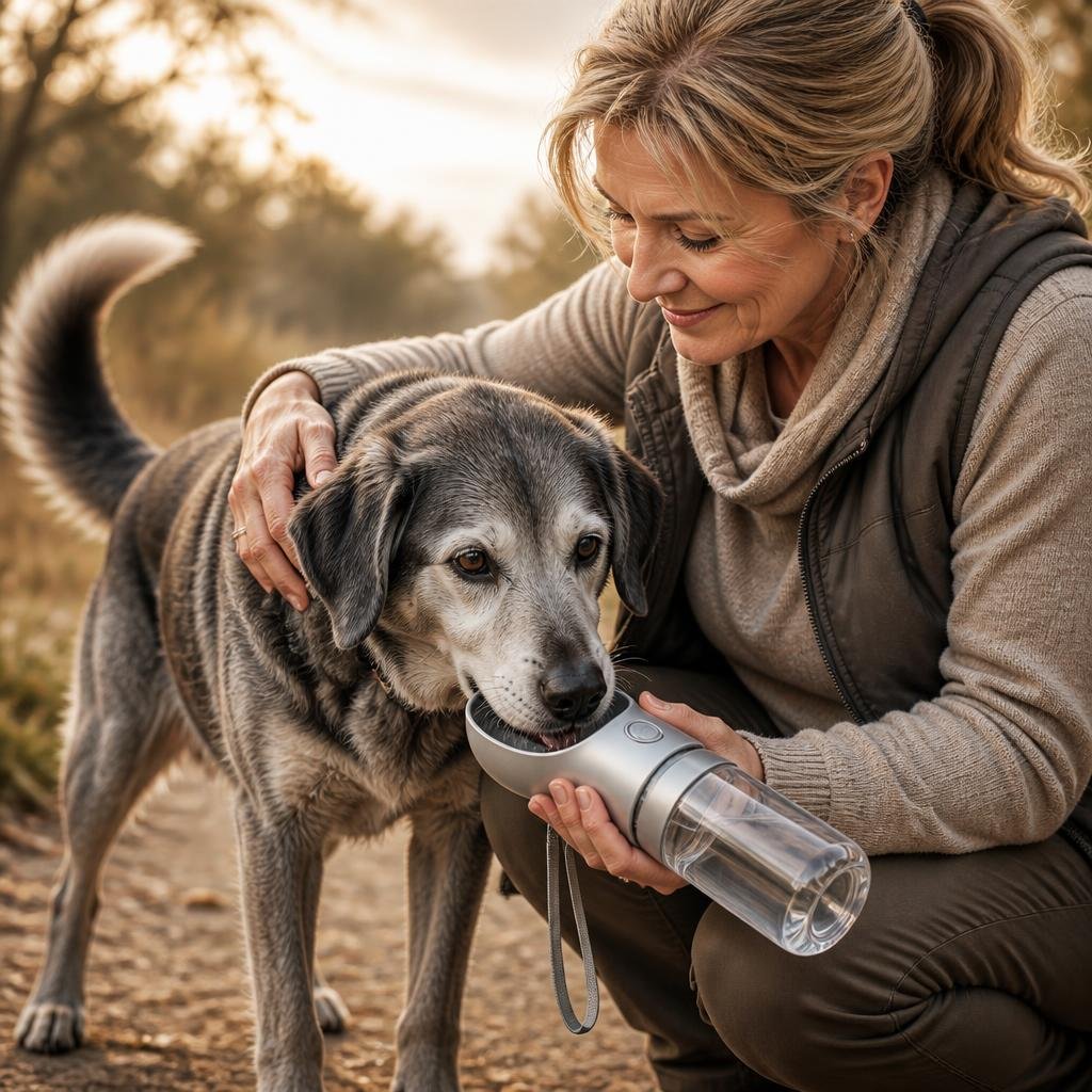 Vrouw aait senior hond met grijze vacht tijdens rustige wandeling in warm avondlicht