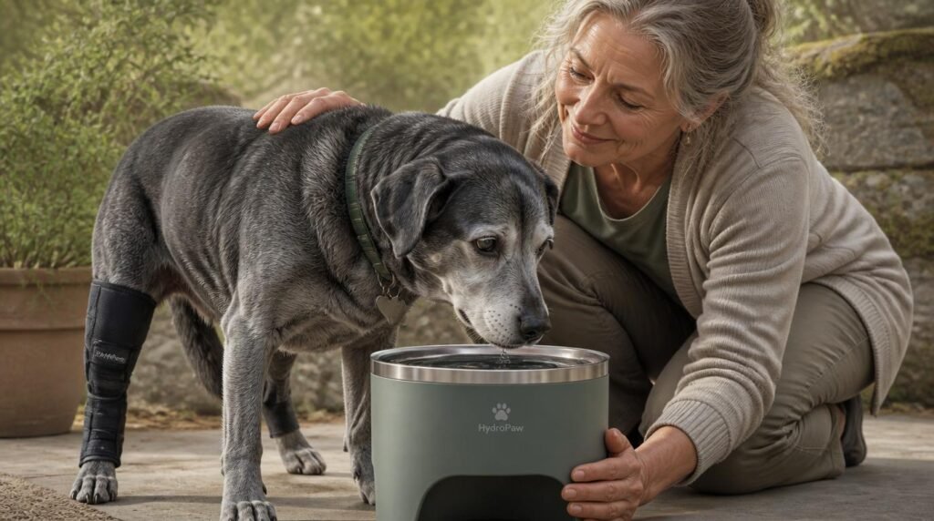 Senior hond met grijze snuit drinkt uit HydroPaw‑bak terwijl baasje ondersteunt in tuinsetting