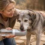 Vrouw geeft senior hond met grijze vacht water uit draagbare drinkfles tijdens wandeling