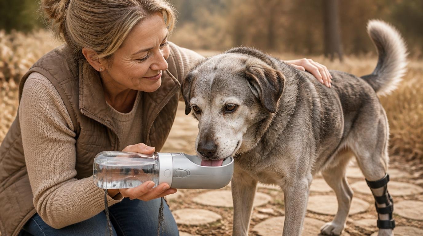 Vrouw geeft senior hond met grijze vacht water uit draagbare drinkfles tijdens wandeling