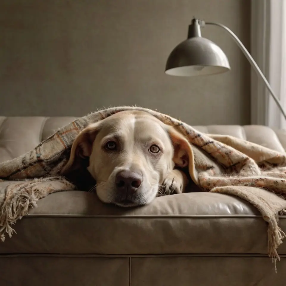 Senior hond ligt onder een plaid in warme woonkamer — symbool voor geborgenheid, rust en welzijn bij oudere honden.