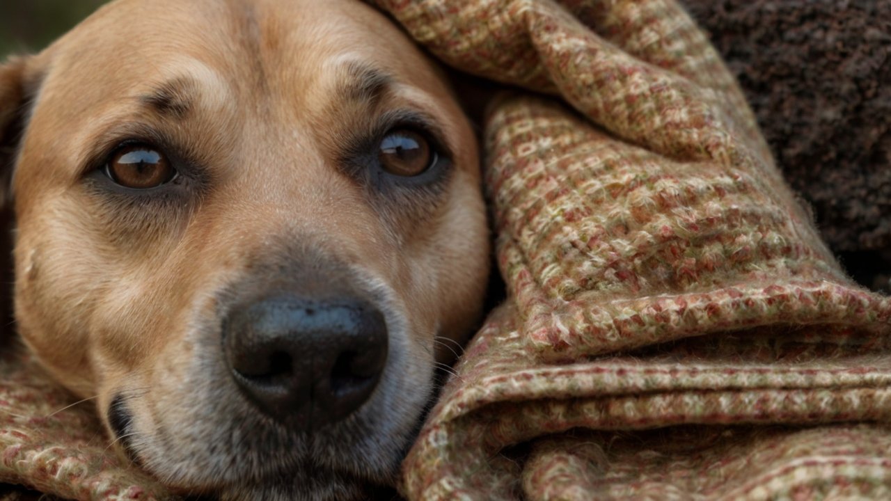 Senior hond ligt rustig onder een warme deken — symbool voor geborgenheid, rust en welzijn bij oudere honden.