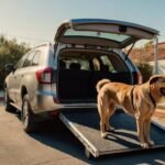 Grote lichtbruine hond loopt rustig een stevige loopplank op richting de achterbak van een zilveren auto, in zacht ochtendlicht.