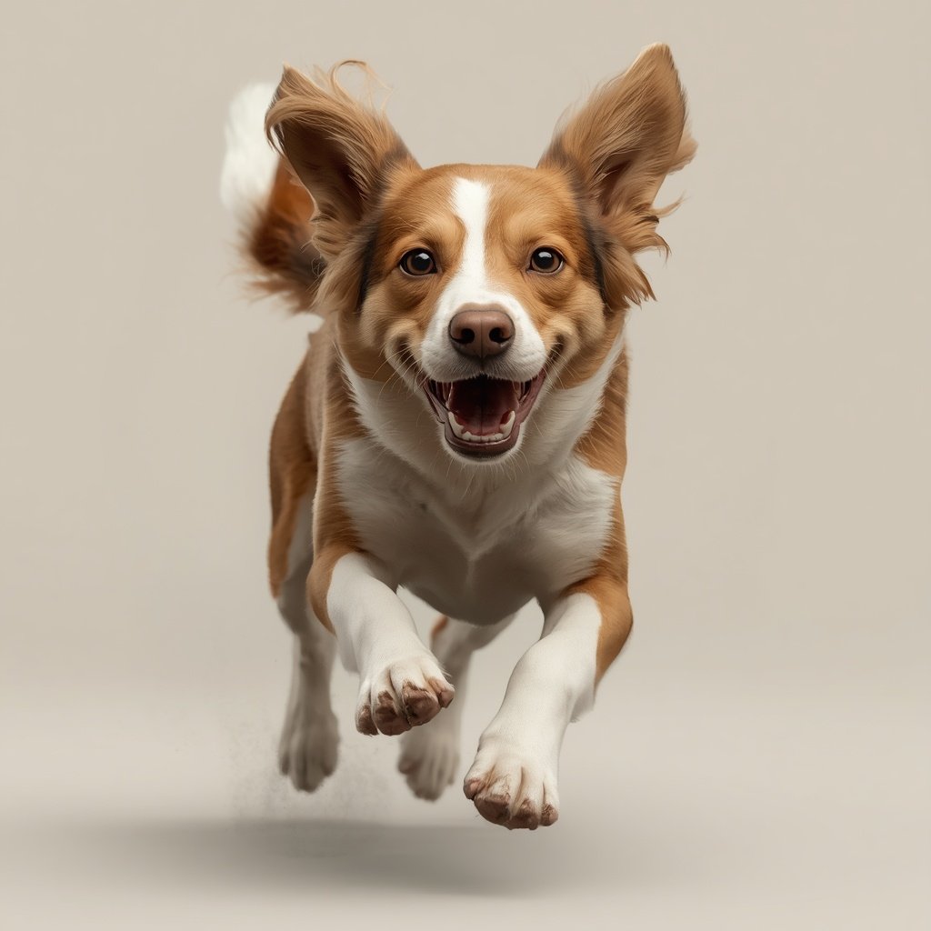 Senior hond met lichtbruine en witte vacht rent enthousiast — symbool voor vitaliteit en speelsheid bij oudere honden.