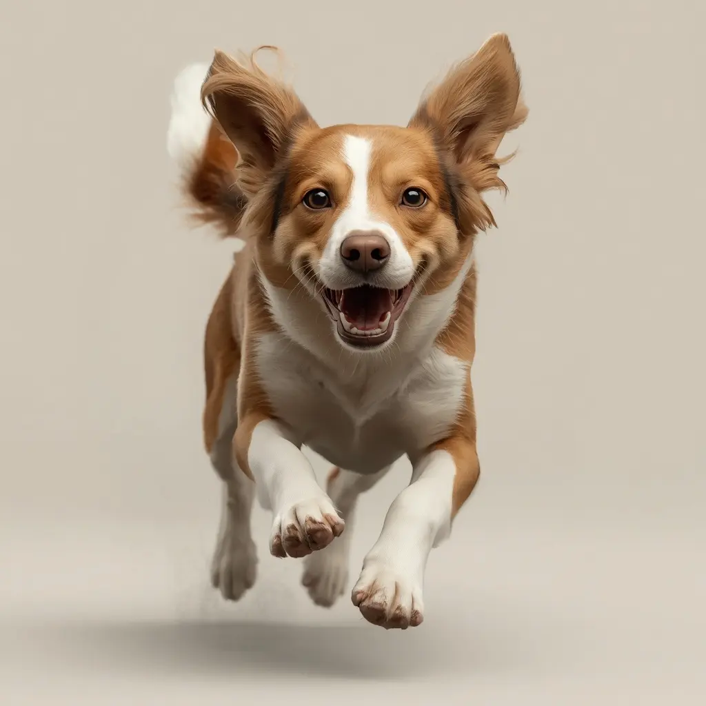 Senior hond met lichtbruine en witte vacht rent enthousiast — symbool voor vitaliteit en speelsheid bij oudere honden.