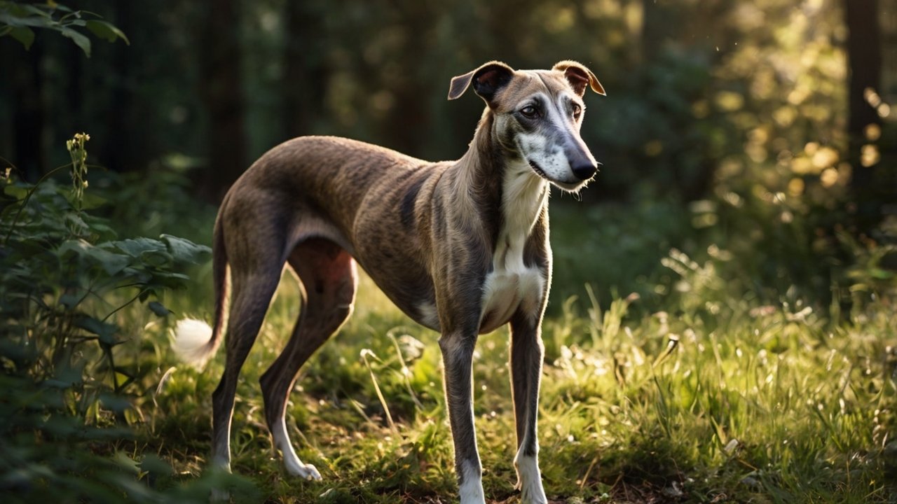 Slanke, kortharige hond staat alert op een zonovergoten bospad, omringd door groen en zacht gefilterd licht.