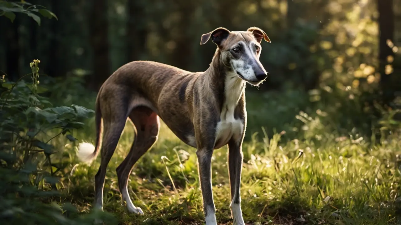 Slanke, kortharige hond staat alert op een zonovergoten bospad, omringd door groen en zacht gefilterd licht.