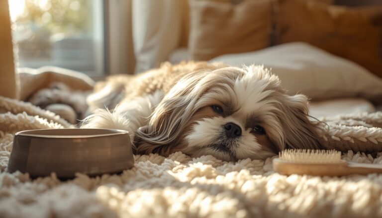 Senior hond ligt ontspannen op plaid met borstel en voerbak — symbool voor rust, verzorging en welzijn bij oudere honden.