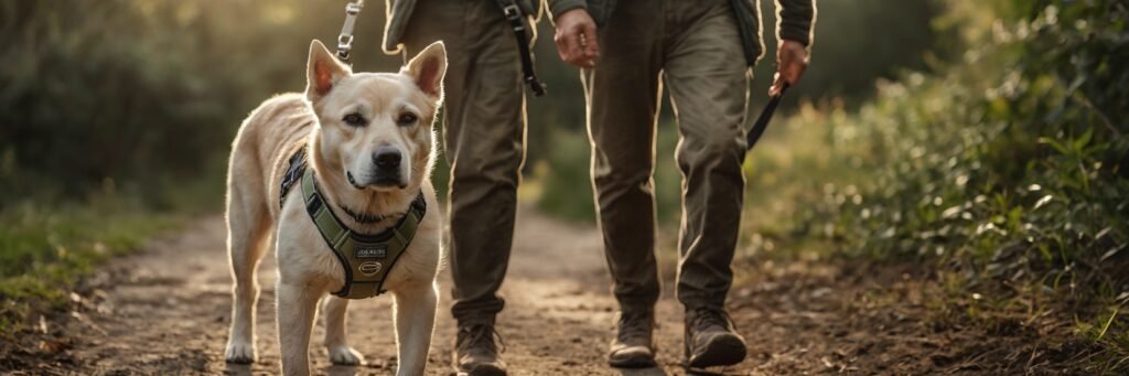 Senior hond met Julius‑K9 harnas wandelt naast zijn eigenaar — symbool voor mobiliteit, vertrouwen en verbondenheid