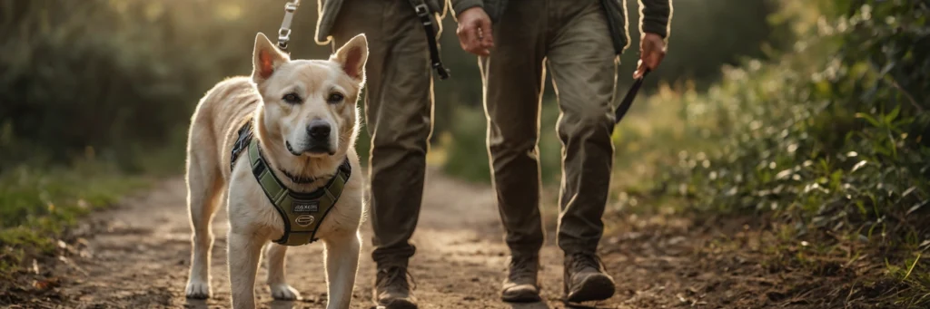 Senior hond met Julius‑K9 harnas wandelt naast zijn eigenaar — symbool voor mobiliteit, vertrouwen en verbondenheid