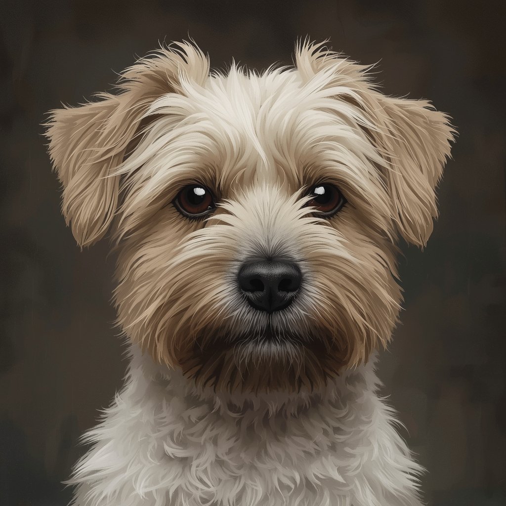Close‑up portret van een kleine senior hond met lichte vacht — symbool voor rust, verzorging en vertrouwen.