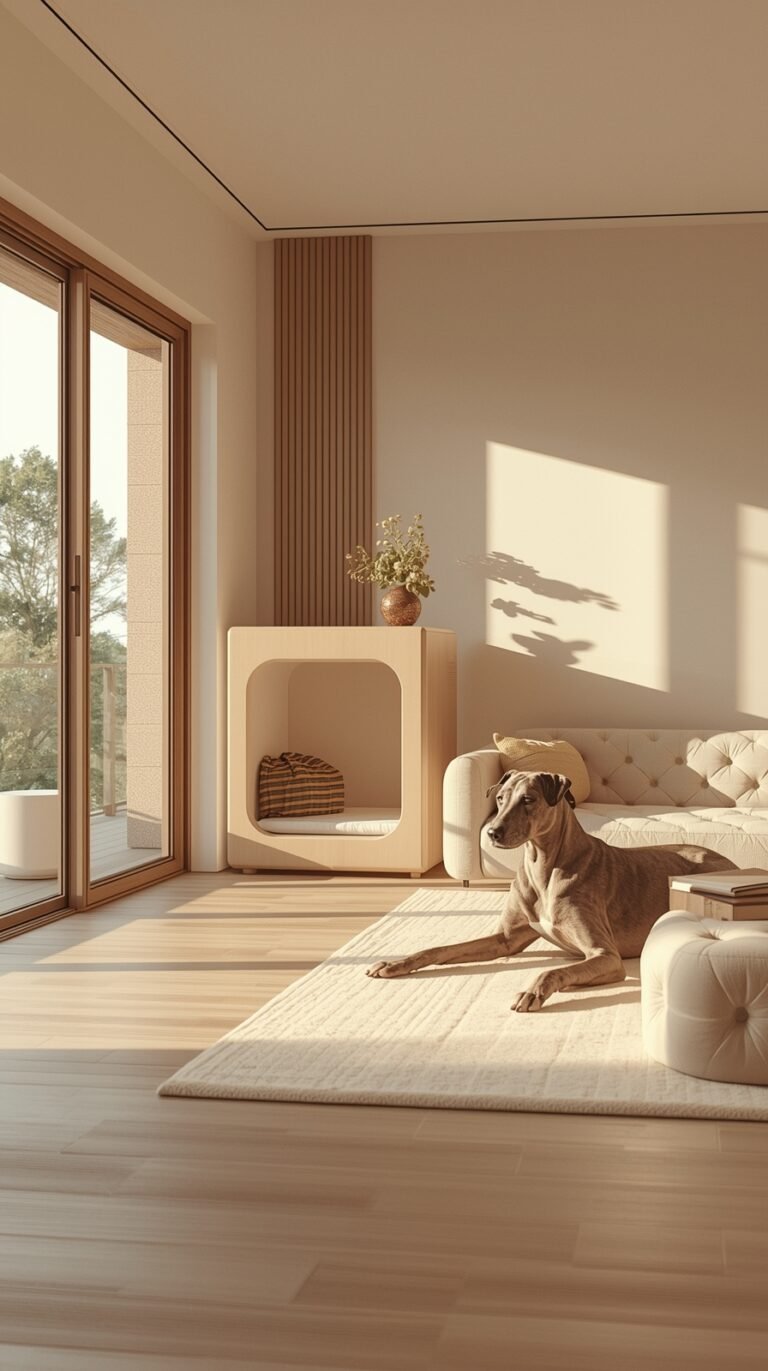 Senior hond rust in een warme, lichte woonkamer — symbool voor rust, balans en welzijn bij oudere honden.