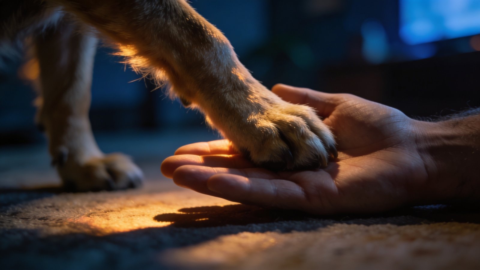 Close‑up van hondenpoot op menselijke hand — symbool voor vertrouwen, zorg en verbondenheid bij senior honden.