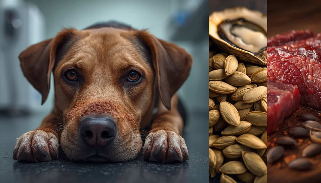 Senior hond kijkt naar gezonde voeding zoals vlees en zaden